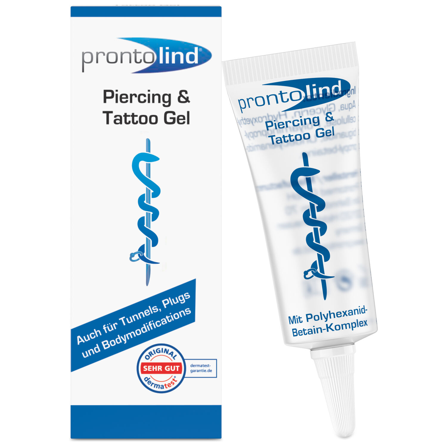 ProntoLind Gel pour Tatouages & Piercings 10 ml Gel ProntoLind en tube transparent et emballage sur fond blanc