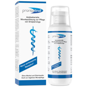 Bouteille blanche de soin piercing ProntoLind avec inscription bleue, 250 ml