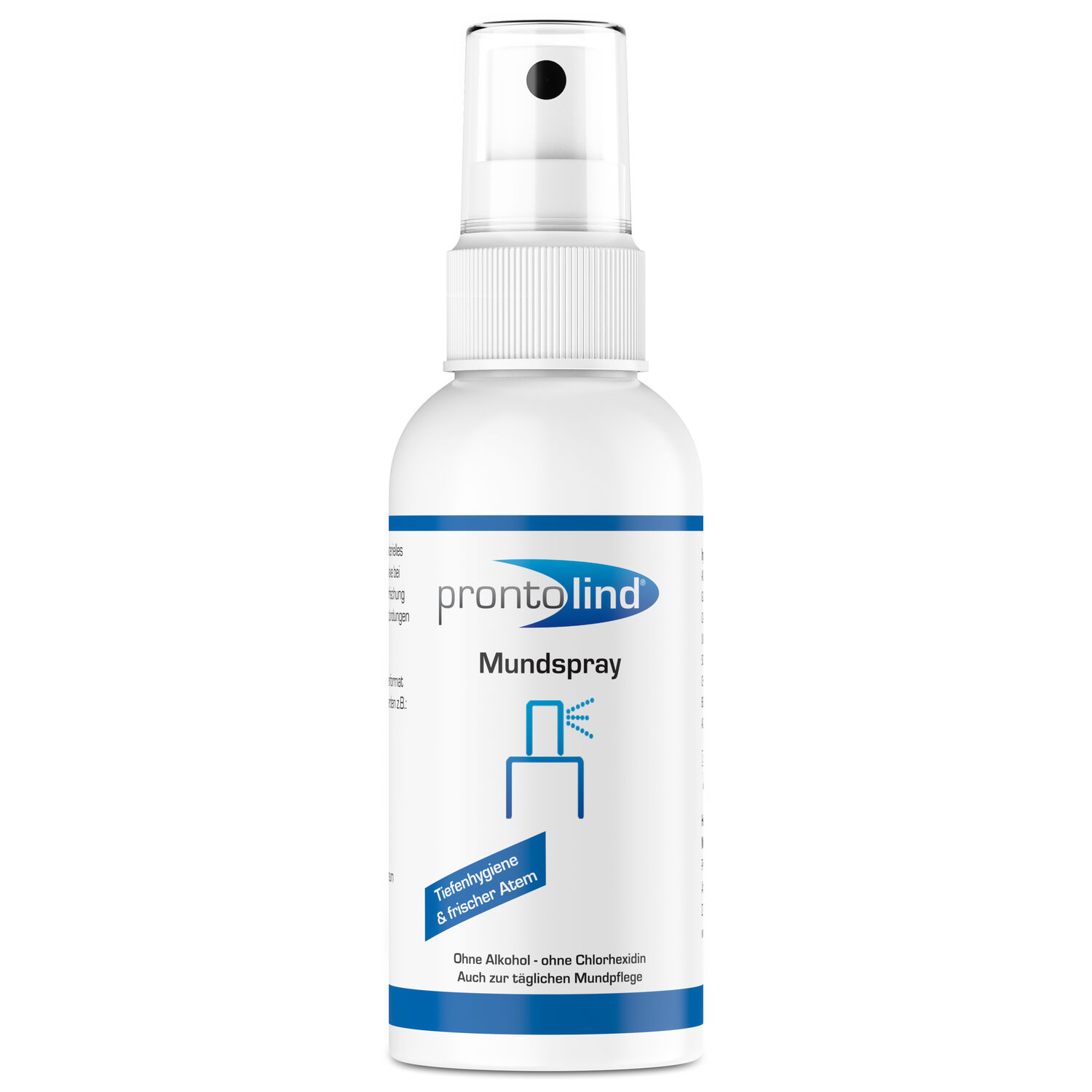 Spray buccal Prontolind 75 ml pour soin des piercings Spray buccal Prontolind blanc 75 ml sur fond blanc