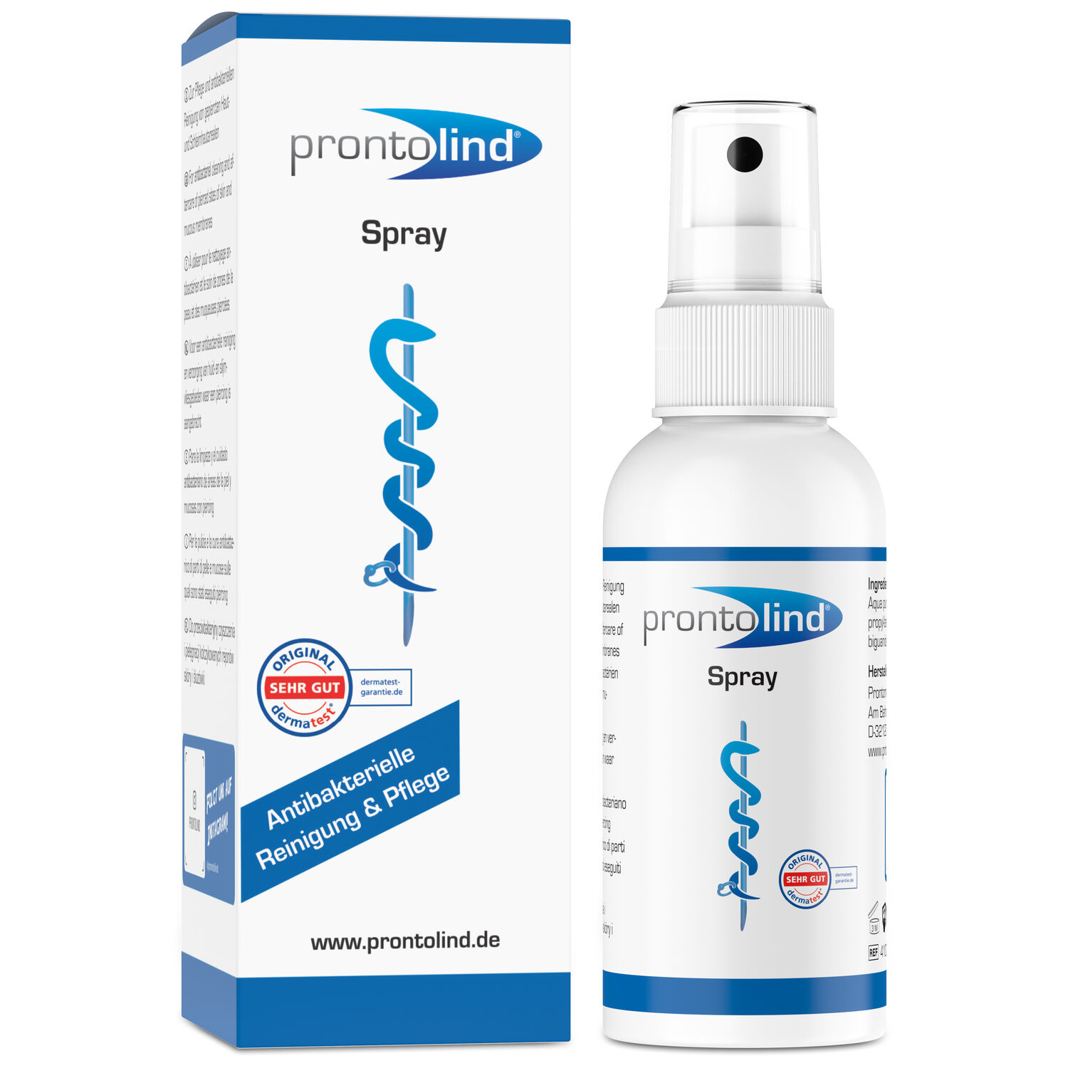ProntoLind Spray de Soin pour Piercing 75 ml Spray de Soin pour Piercing ProntoLind blanc à côté de l'emballage, 75 ml