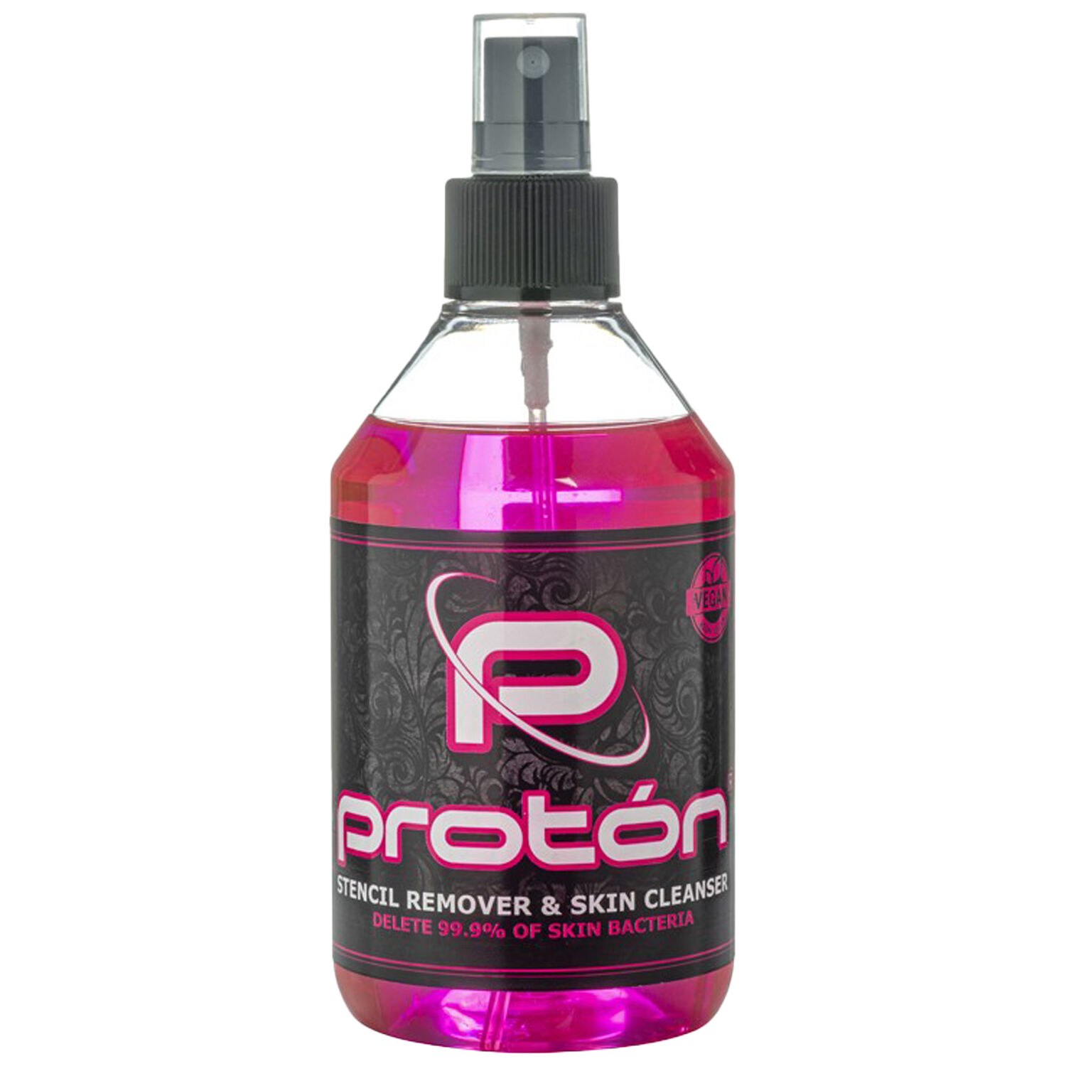 Flacon rose de Proton Stencil Remover avec étiquette noire sur fond blanc
