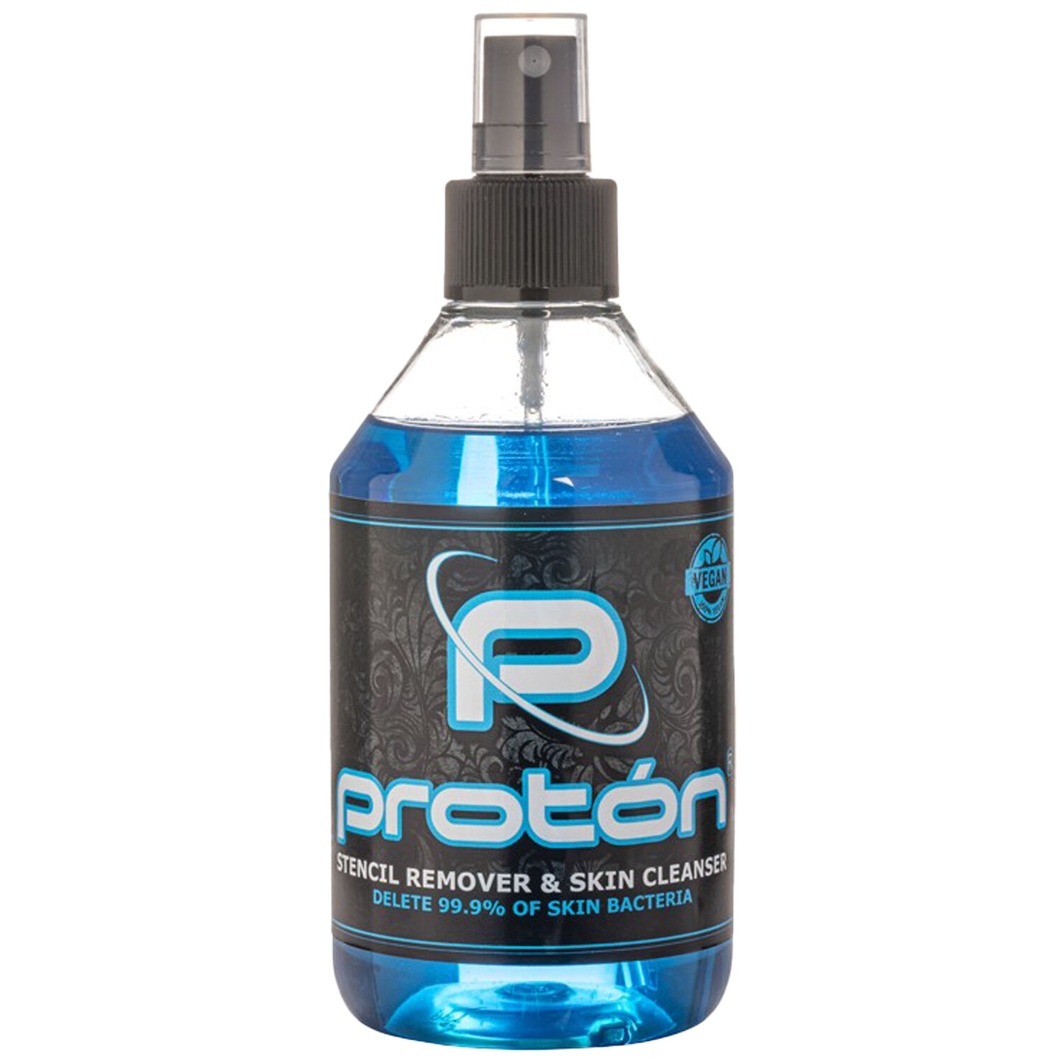 Proton Stencil Remover Blue 250 ml Flacon de Proton Stencil Remover Blue avec tête de pulvérisation sur fond blanc
