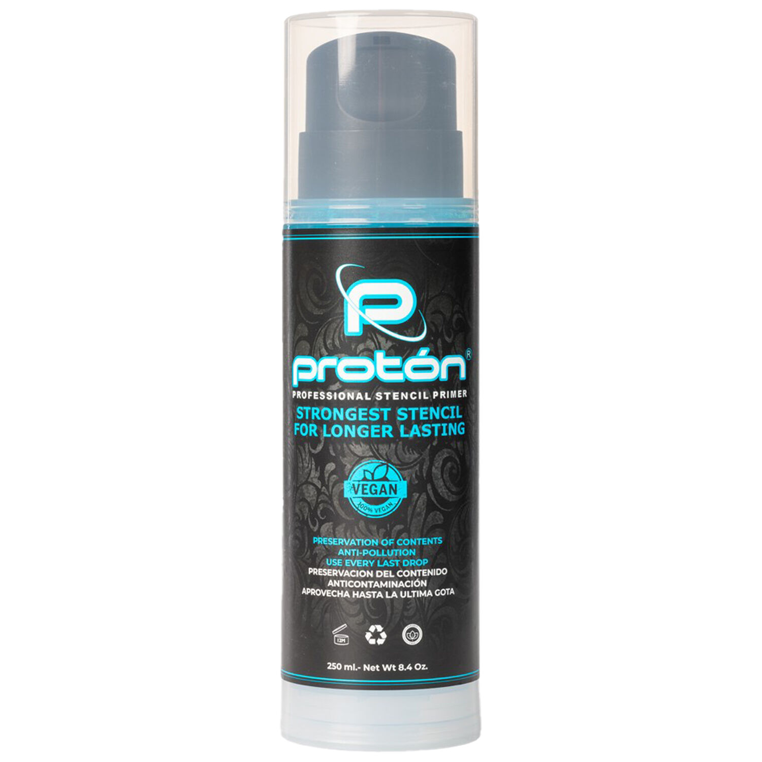 Proton Airless Stencil Primer en bleu, bouteille de 250ml sur fond blanc