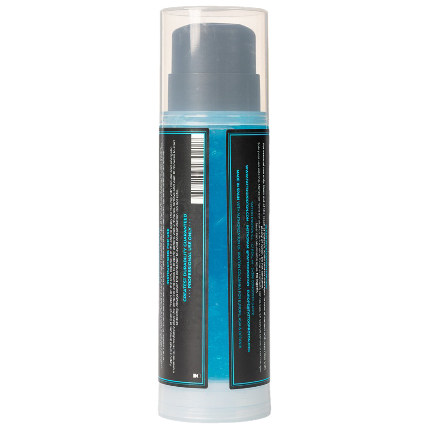 Primer Stencil bleu dans une bouteille transparente avec étiquette noire sur fond blanc
