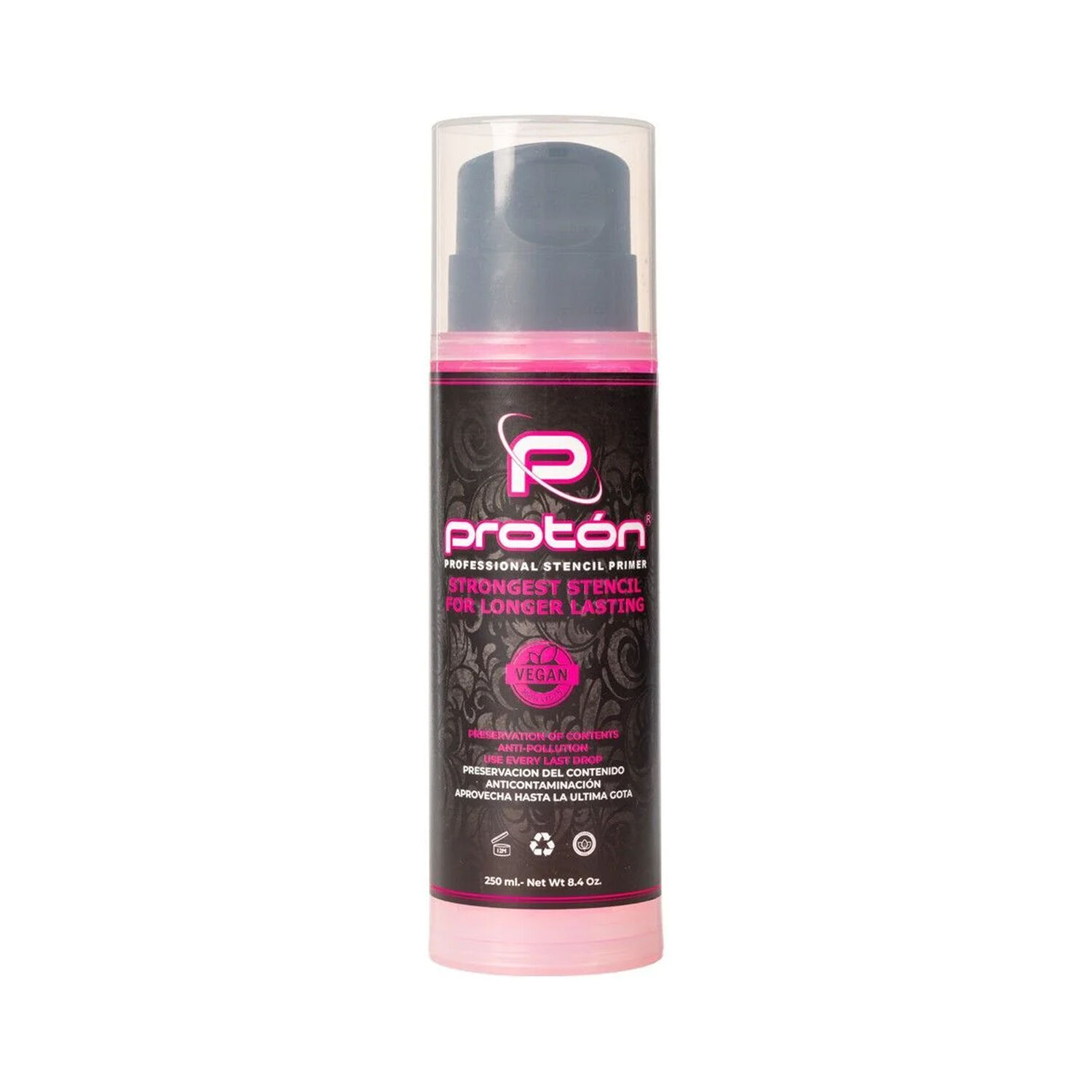 Proton Airless Stencil Primer Rose 250ml Proton Airless Stencil Primer dans une bouteille rose, 250 ml, sur fond blanc