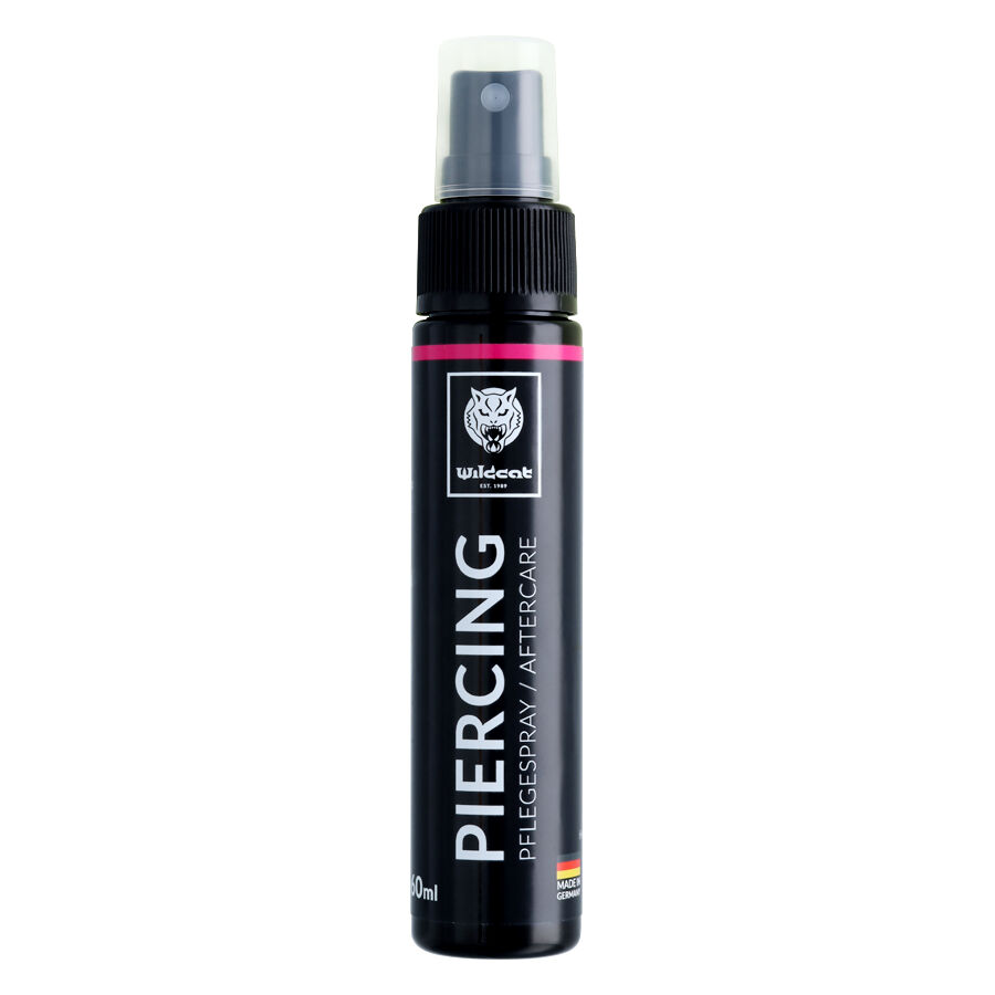 Wildcat Spray de Soin pour Piercing 30ml Flacon spray noir avec logo Wildcat, inscription 'Spray de Soin pour Piercing', 30ml