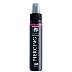 Flacon noir de spray pour piercing avec tête grise sur fond blanc