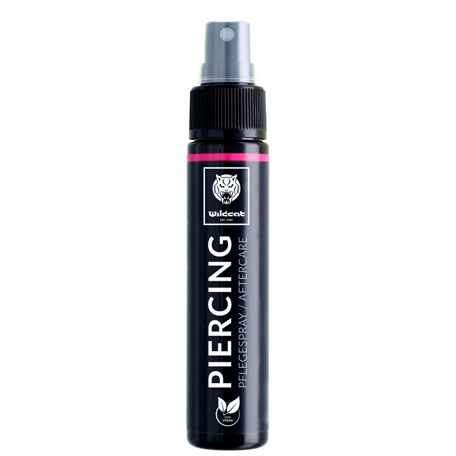 Spray pour piercing 60ml avec Aloe Vera Flacon noir de spray pour piercing avec tête grise sur fond blanc