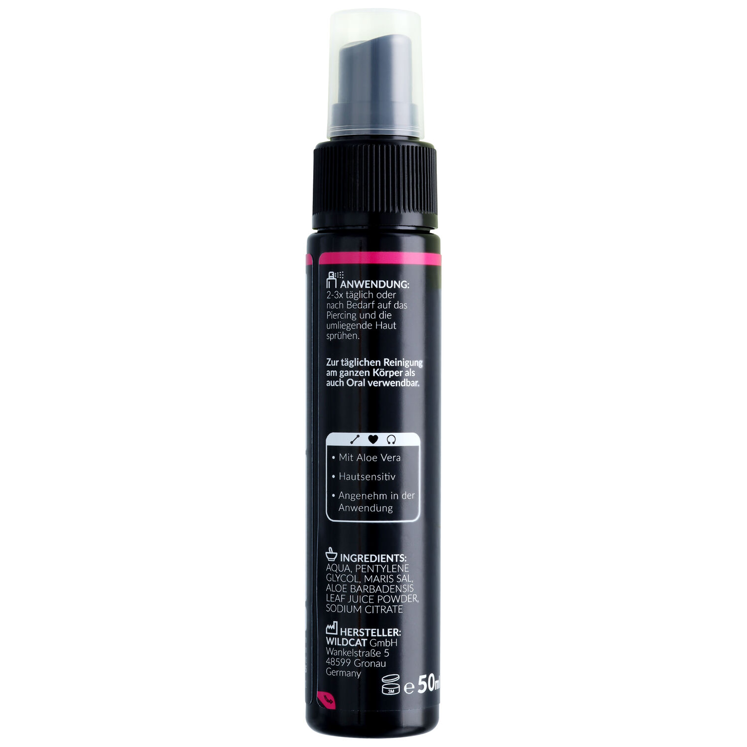 Spray pour piercing noir avec écriture blanche et rose, flacon de 50 ml