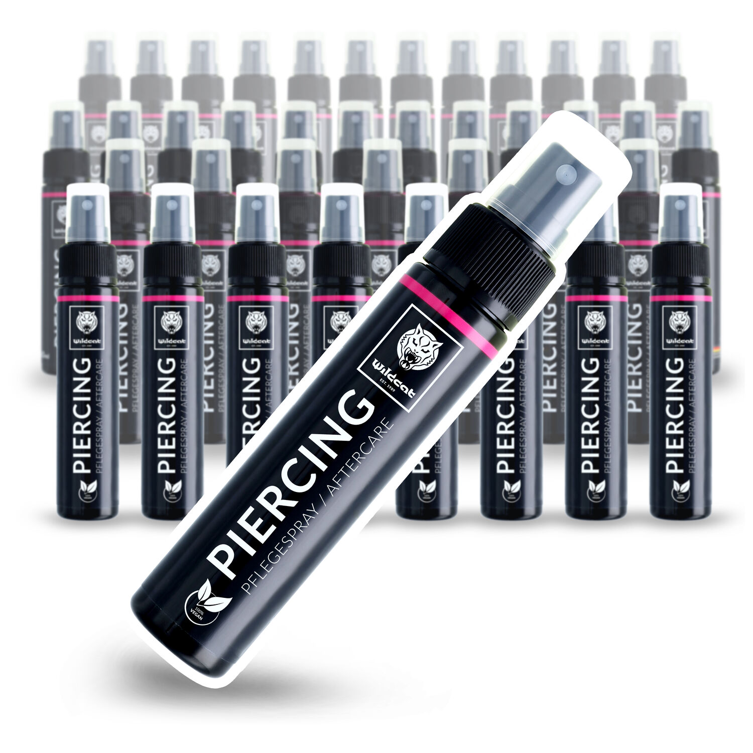 Boîte de spray pour piercing 40 x 60ml de Wildcat Plusieurs flacons pulvérisateurs noirs avec logo Wildcat et inscription Soin pour piercing sur fond blanc
