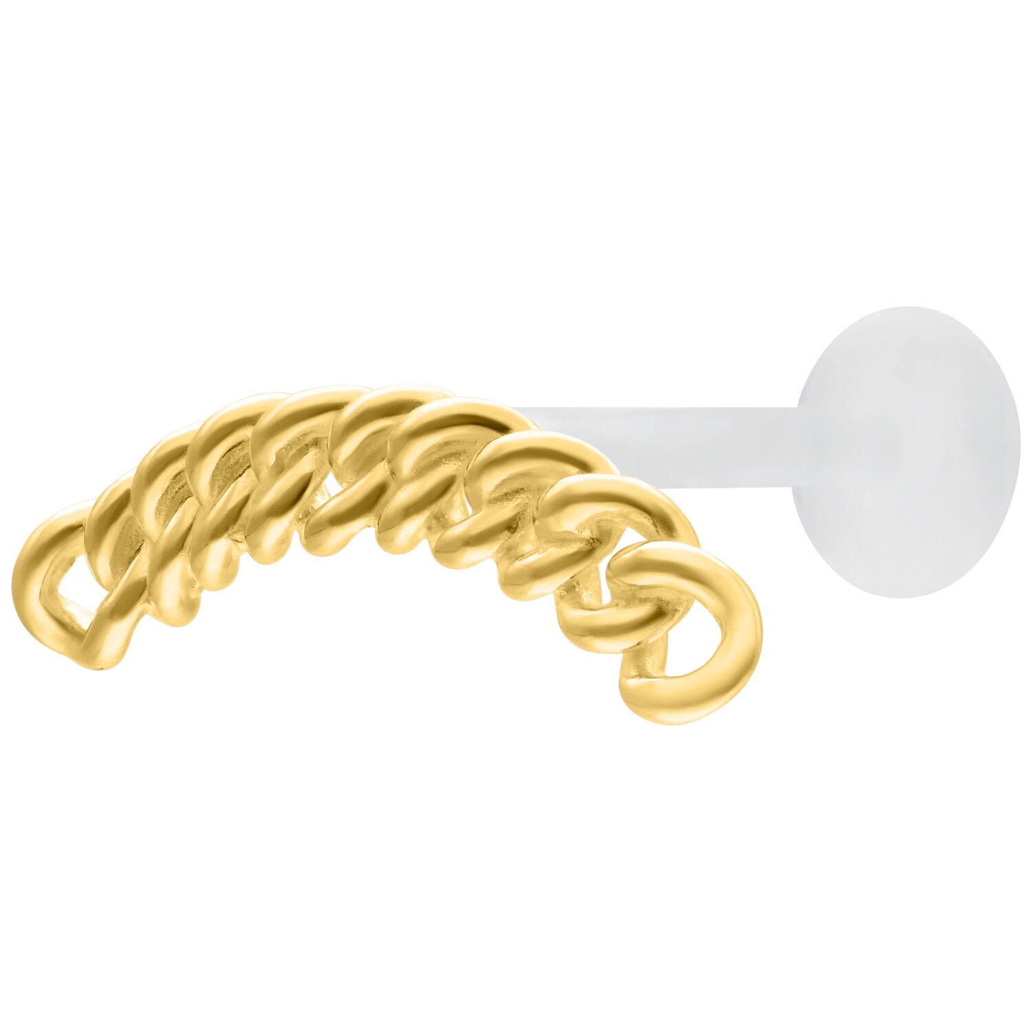 Labret Push Fit Chaîne Épaisse Dorée 5 mm Labret Chaîne Épaisse Dorée avec taille de plaque de 5 mm sur fond blanc