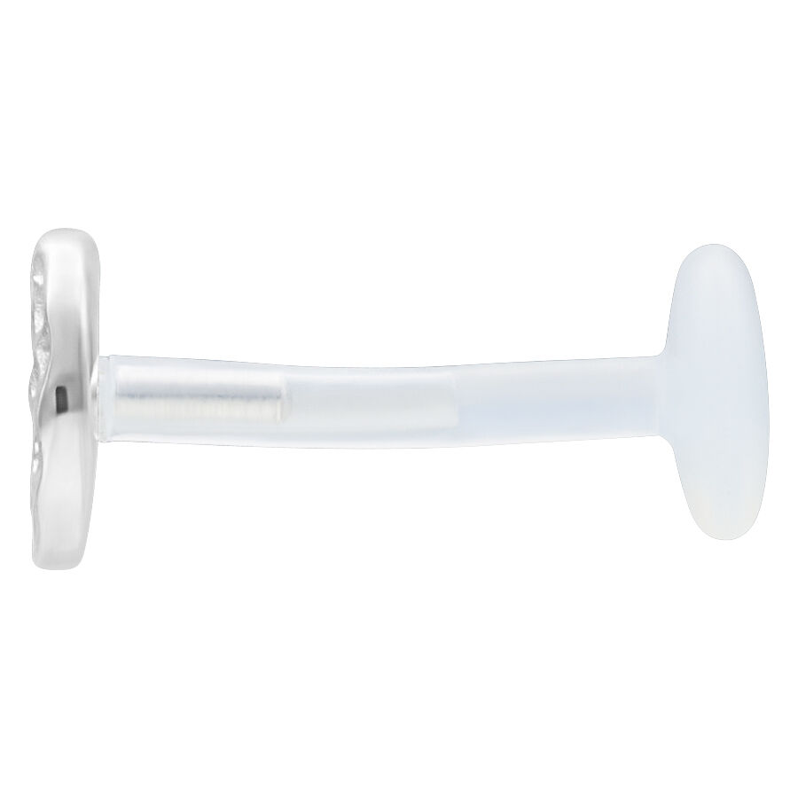 Labret en argent avec embout en cercle martelé et tige transparente sur fond blanc