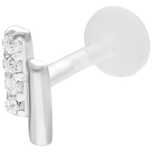 Labret argenté avec double barre en cristal sur fond blanc