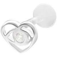 Lovely Eye Push Fit Labret Piercing en argent Labret piercing en argent avec forme de cœur et pierre claire sur fond blanc