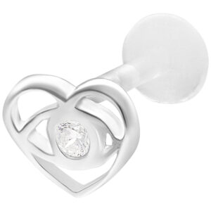Labret piercing en argent avec forme de cœur et pierre claire sur fond blanc