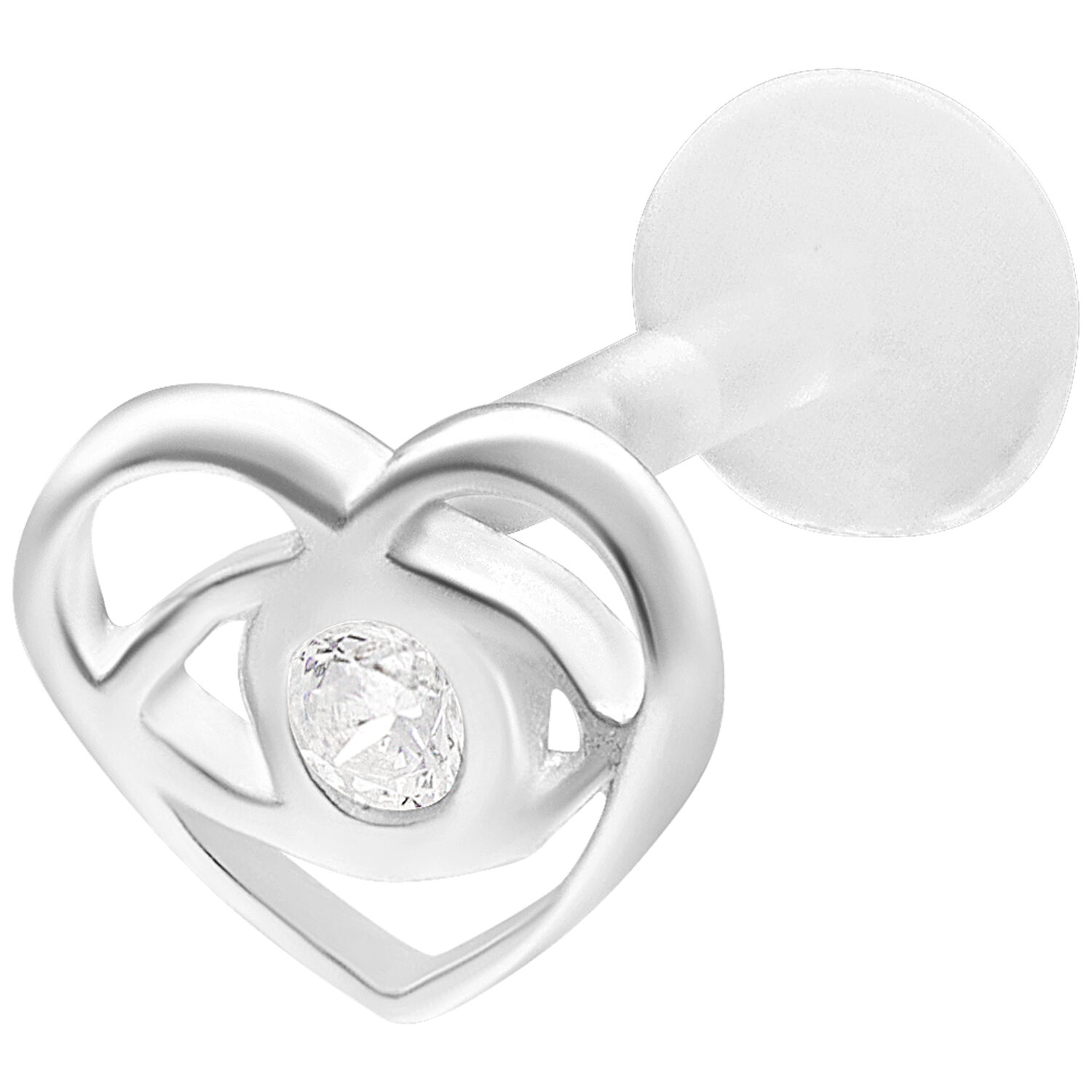 Lovely Eye Push Fit Labret Piercing en argent Labret piercing en argent avec forme de cœur et pierre claire sur fond blanc