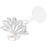 Labret Push Fit Perle-Pfauenauge en argent Labret en argent avec design Pfauenauge et perle sur fond blanc