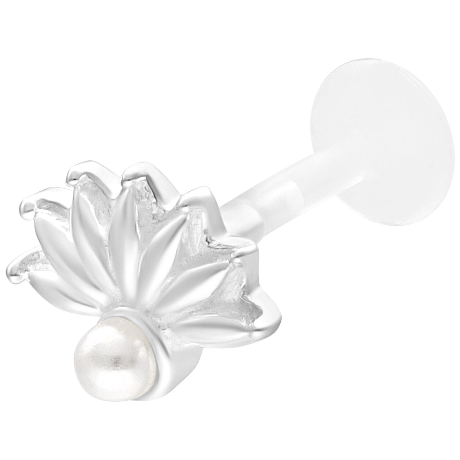 Labret Push Fit Perle-Pfauenauge en argent Labret en argent avec design Pfauenauge et perle sur fond blanc