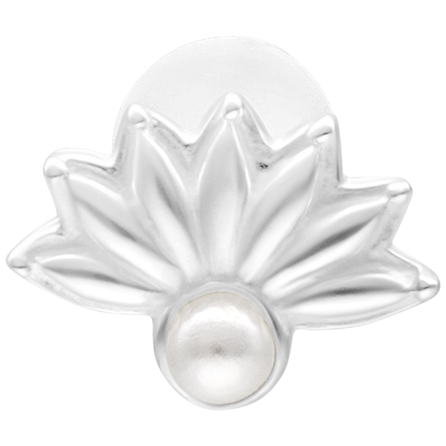 Labret Pearl Peacock argenté 5,0 mm Labret argenté avec motif de paon et embout perle sur fond blanc