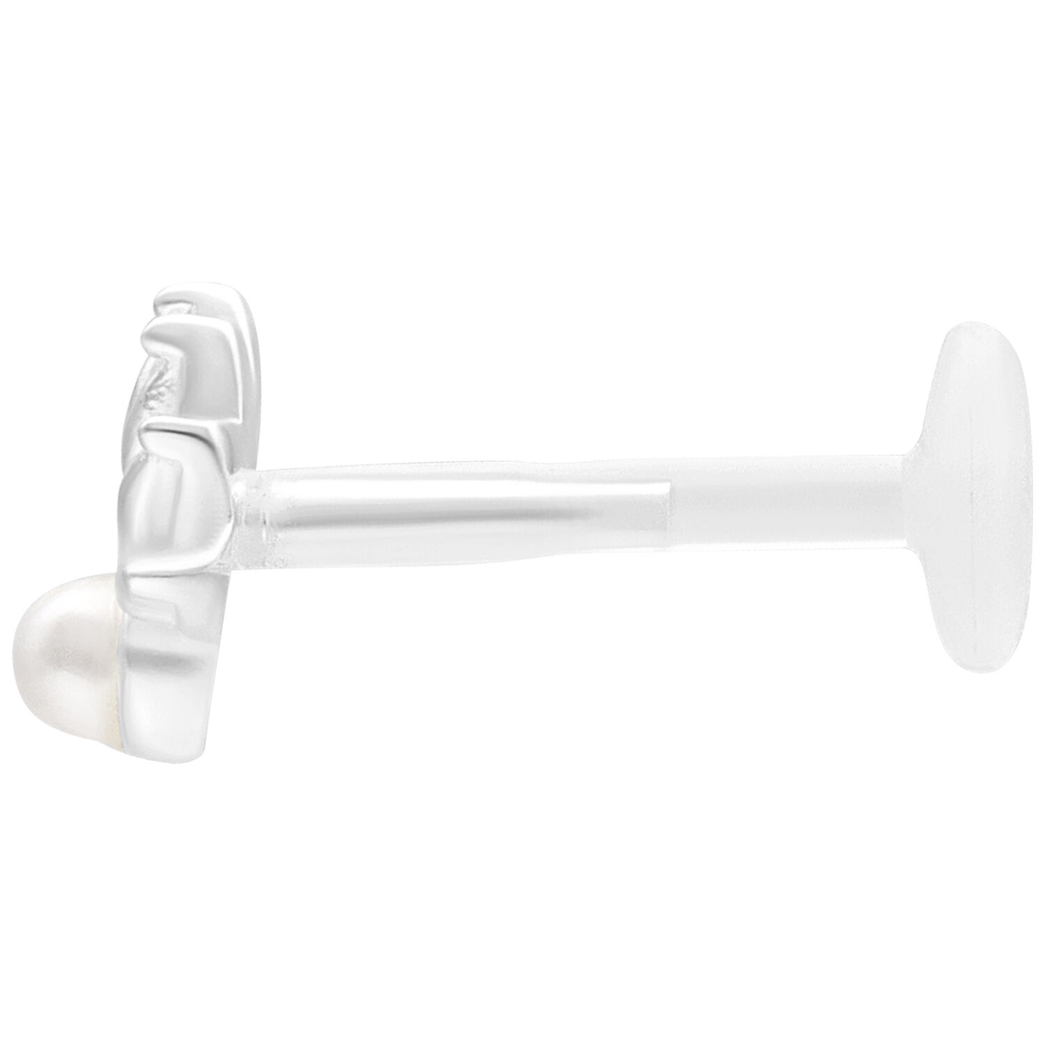 Labret Push Fit Pearl Peacock Argent 5mm Labret argenté avec embout perlé sur fond blanc