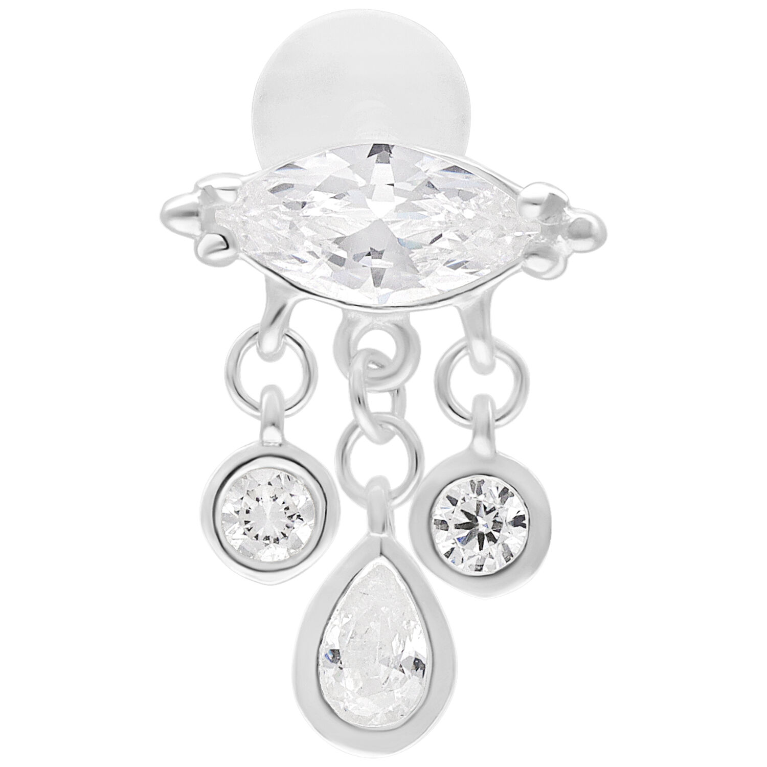 Labret Bella Push Fit argenté 5,0 mm Labret argenté avec trois pendentifs en zirconium sur fond blanc