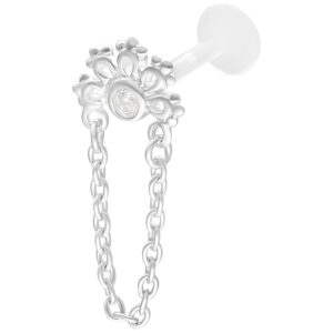 Labret Push Fit argenté avec cristal et chaîne décorative sur fond blanc