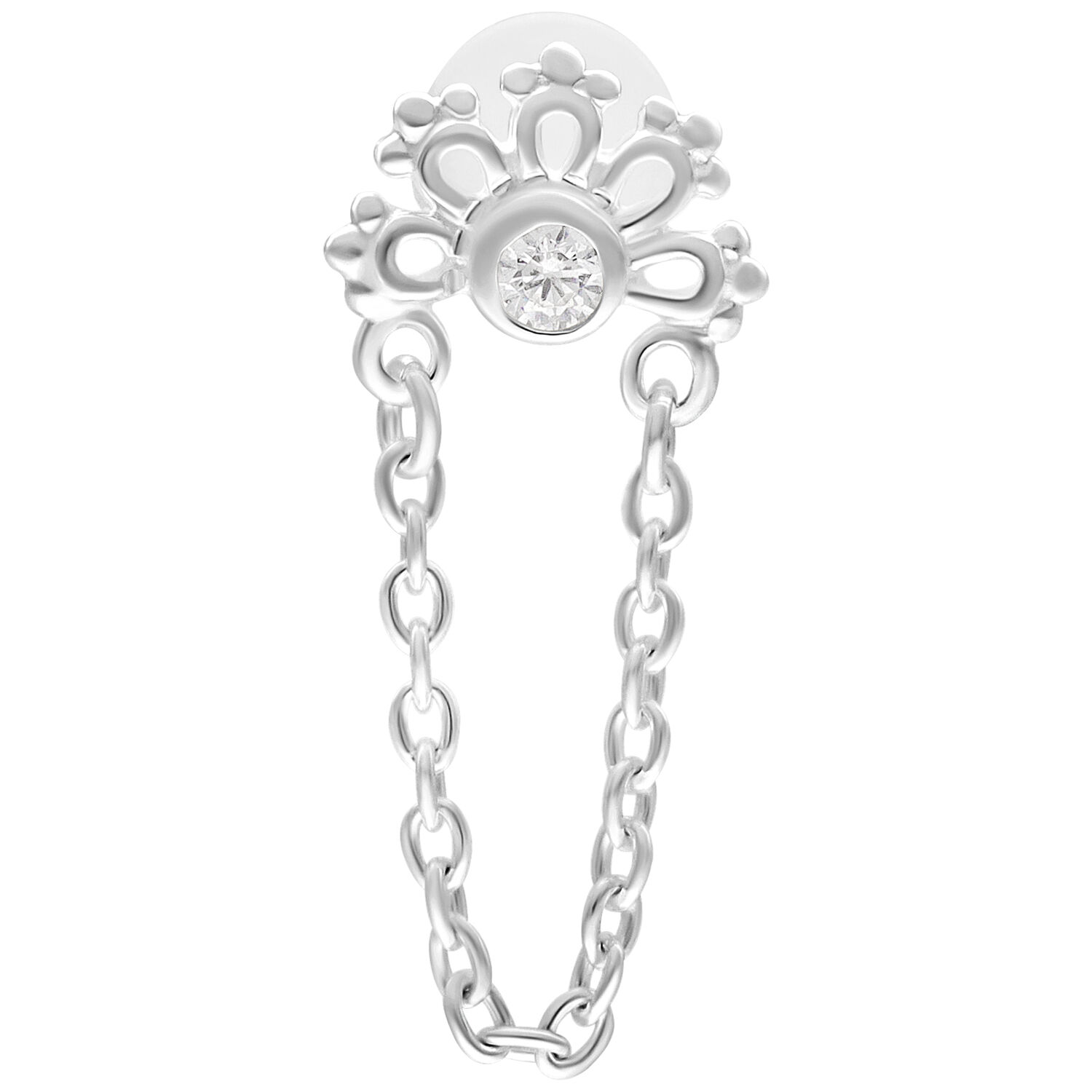 Labret Crystal Sunrise argenté 5,0 mm Labret argenté avec cristal et pendentif chaîne sur fond blanc