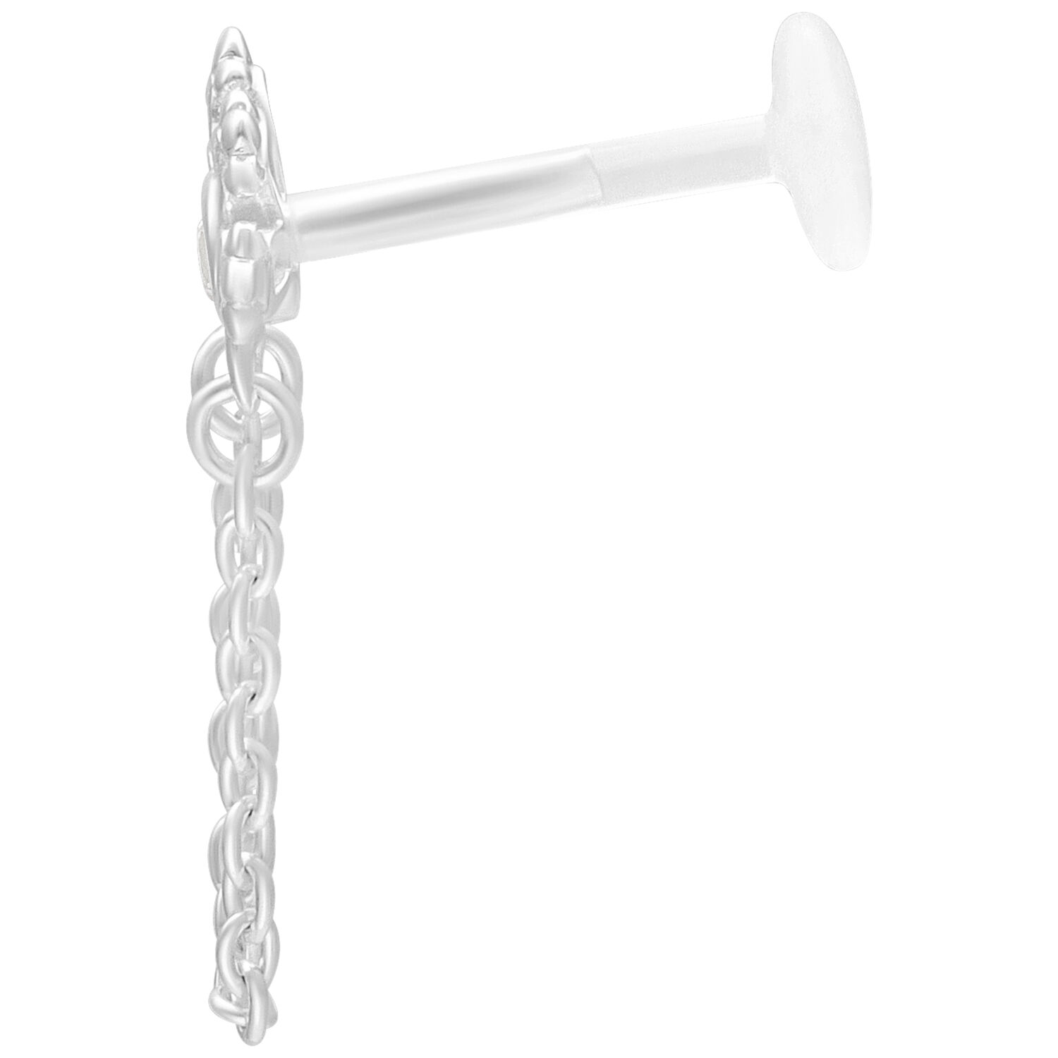Labret en cristal argenté avec détail de chaîne, 5 mm Labret argenté avec cristal et détail de chaîne sur fond blanc