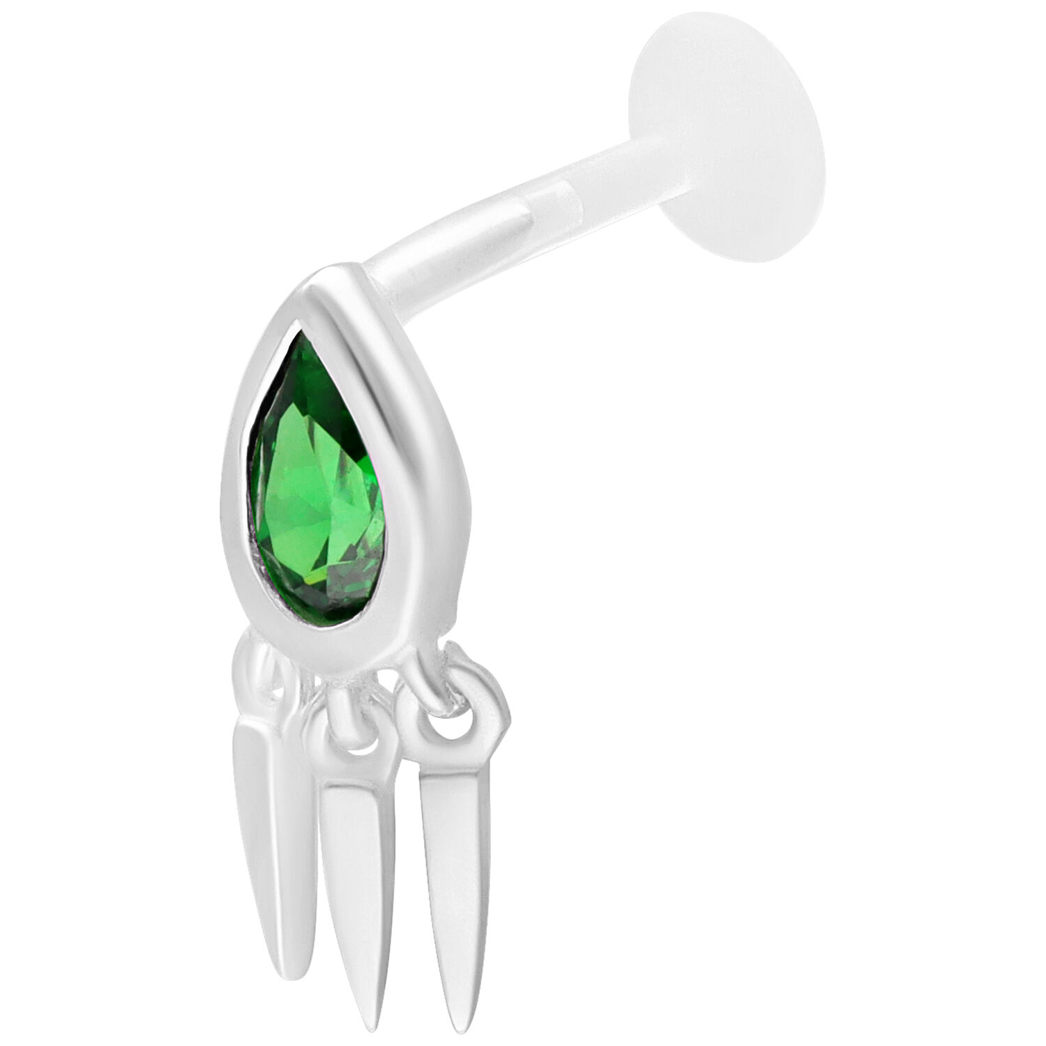 Labret Push Fit émeraude verte avec pendentifs Labret en argent avec émeraude verte et trois pendentifs sur fond blanc