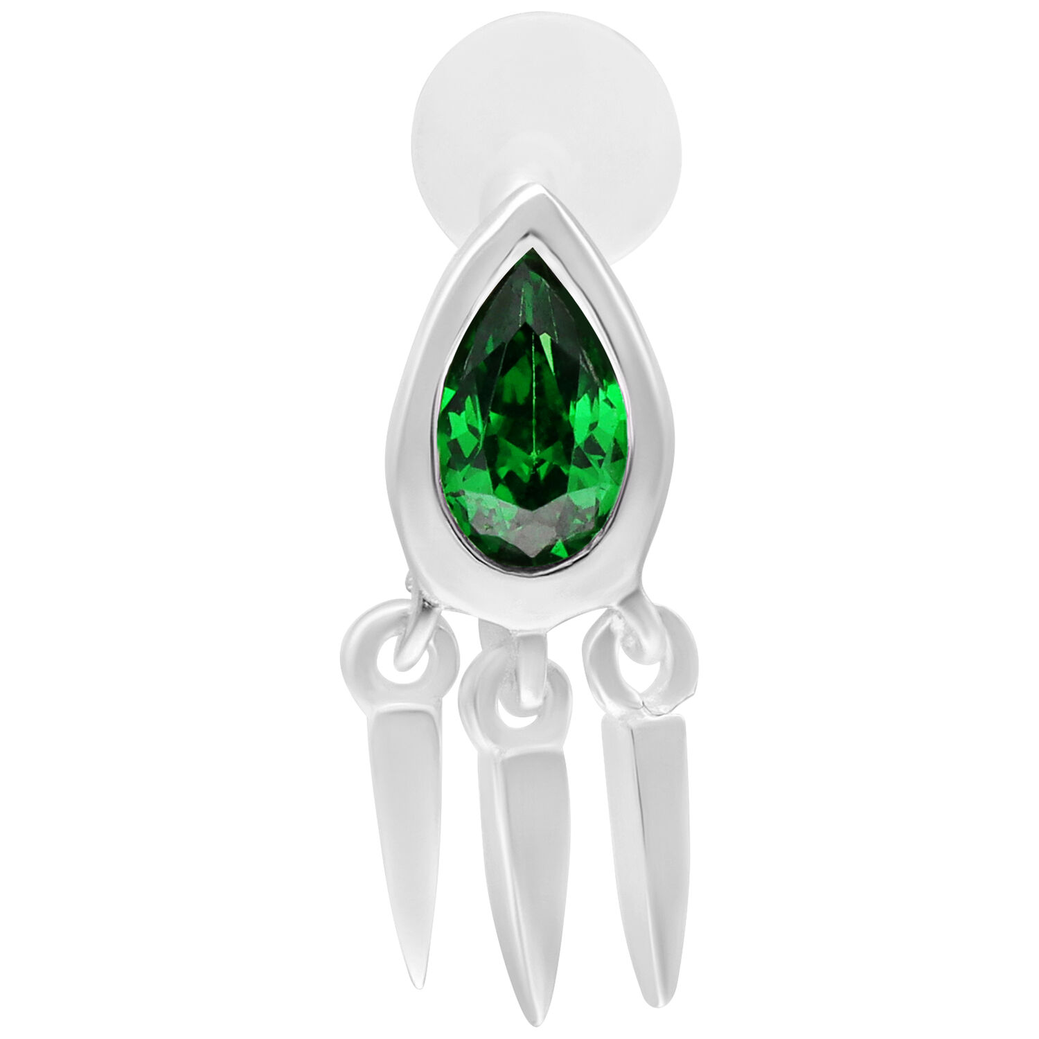 Labret en argent avec émeraude verte, 5,0 mm Labret en argent avec émeraude verte et trois pendentifs sur fond blanc