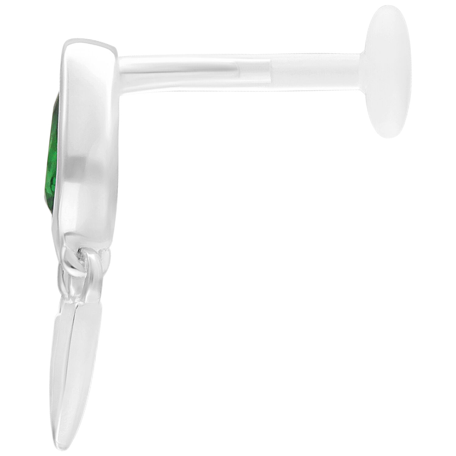 Labret en argent avec émeraude verte, 5mm Labret Push Fit argenté avec émeraude verte, longueur 5mm, vue latérale