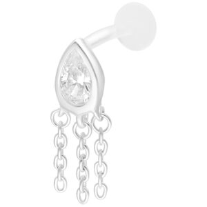 Piercing labret en argent avec cristal en goutte et trois chaînes sur fond blanc
