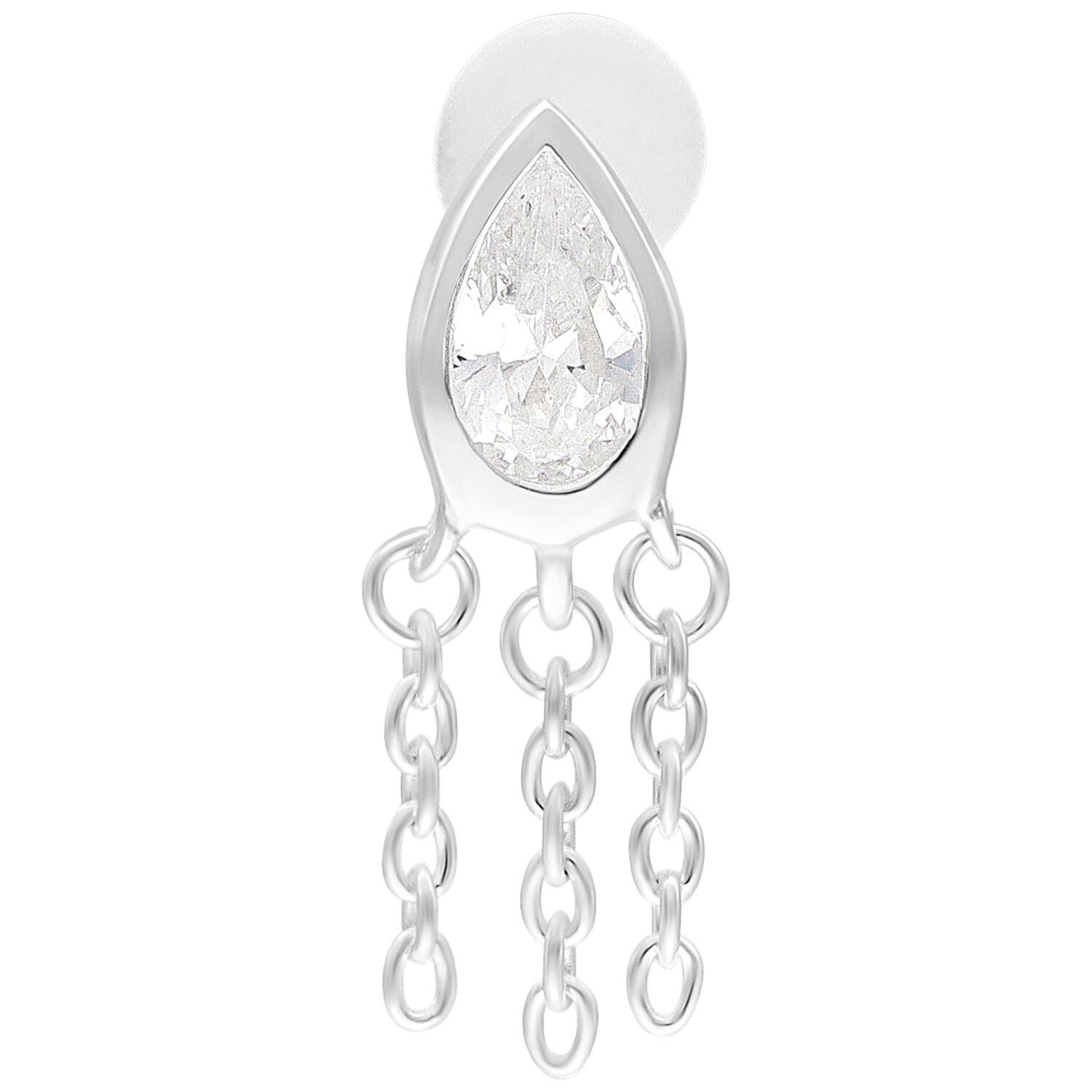 Labret Linda en argent Push Fit avec chaînes Labret en argent en forme de goutte avec pendentif chaînes sur fond blanc