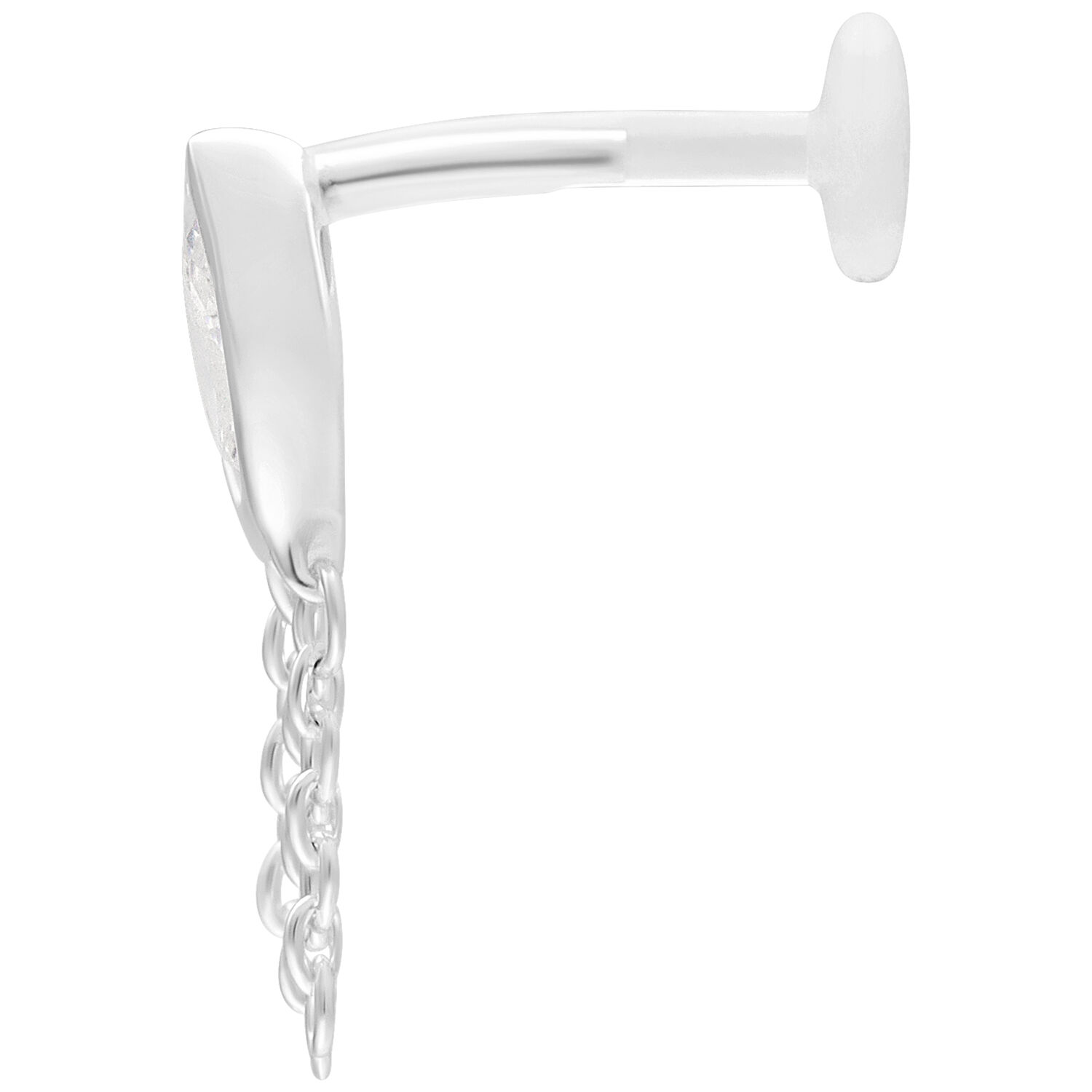 Labret Push Fit Linda argenté, 5 mm Labret argenté avec Push Fit et plaque de 5 mm sur fond blanc