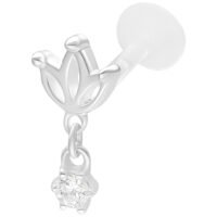 Labret Push Fit Lotus argenté avec cristal Labret argenté avec design Lotus et cristal scintillant sur fond blanc