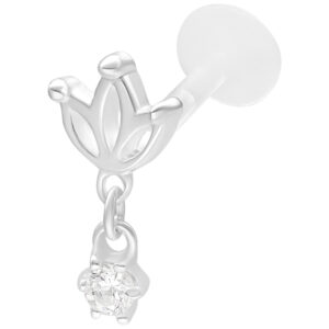 Labret argenté avec design Lotus et cristal scintillant sur fond blanc