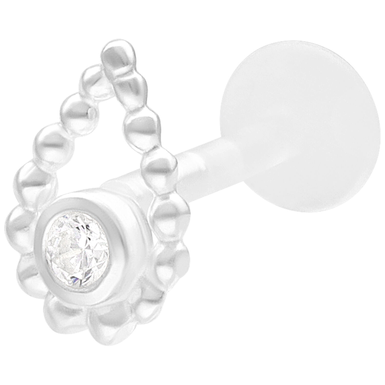 Labret Push Fit en Argent avec Perle Labret en argent avec anneau de perles et pierre sur fond blanc