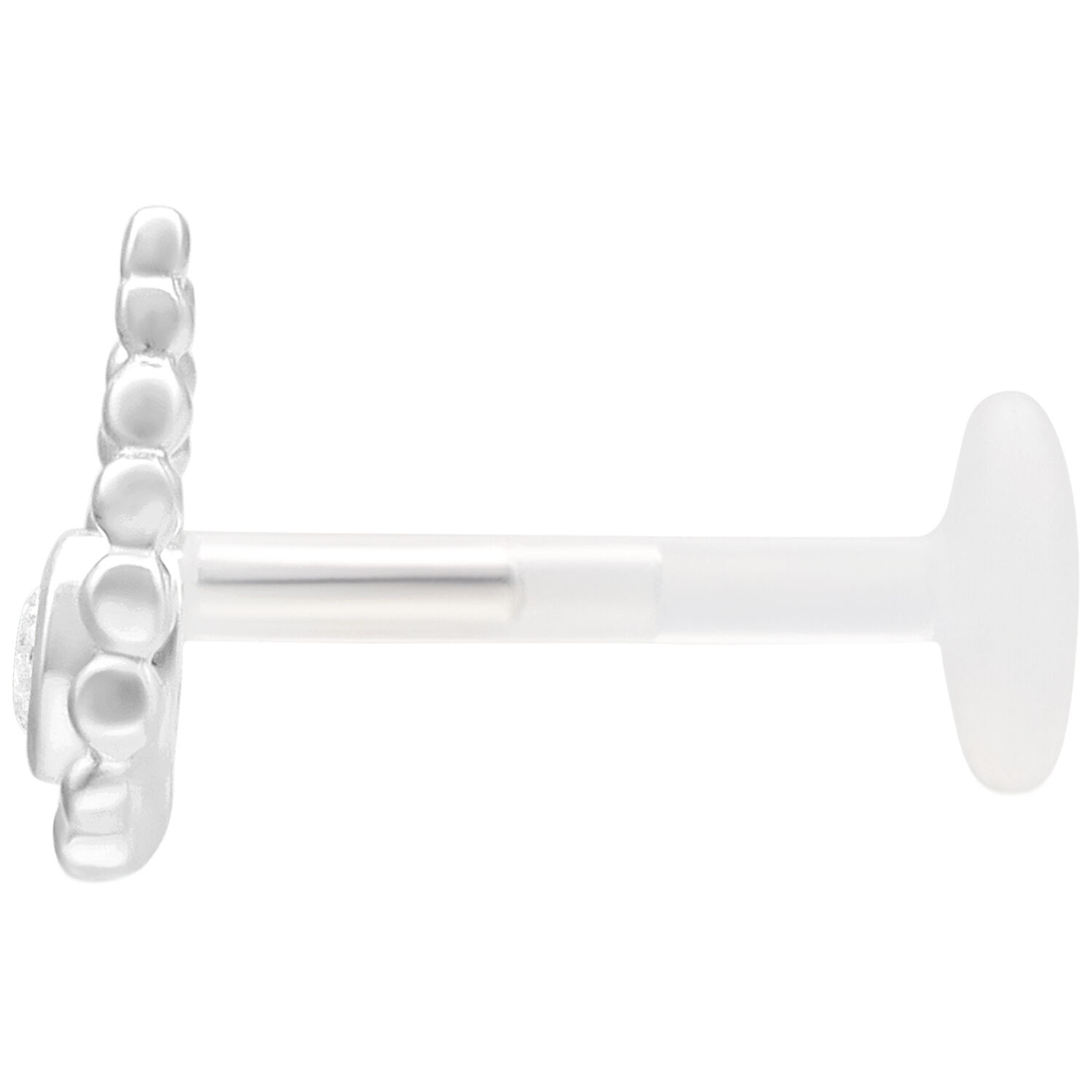 Labret Push Fit Argenté avec Perle 5,0 mm Labret Push Fit argenté avec un diamètre de 5,0 mm sur fond blanc