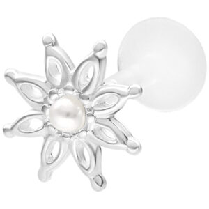 Labret fleur argenté avec perle sur fond blanc