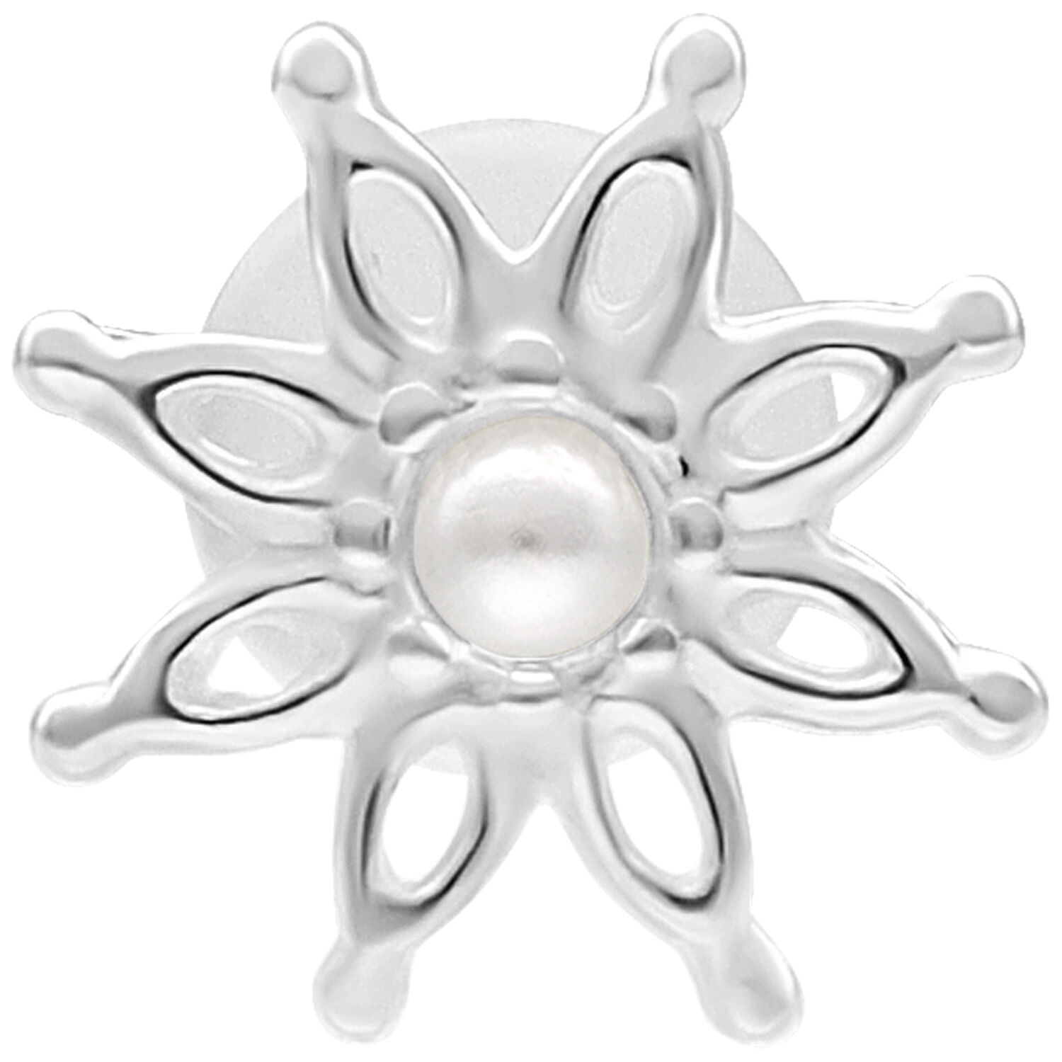 Labret Bloom Push Fit argenté 5,0 mm Labret argenté avec design en forme de fleur et détail de perle sur fond blanc