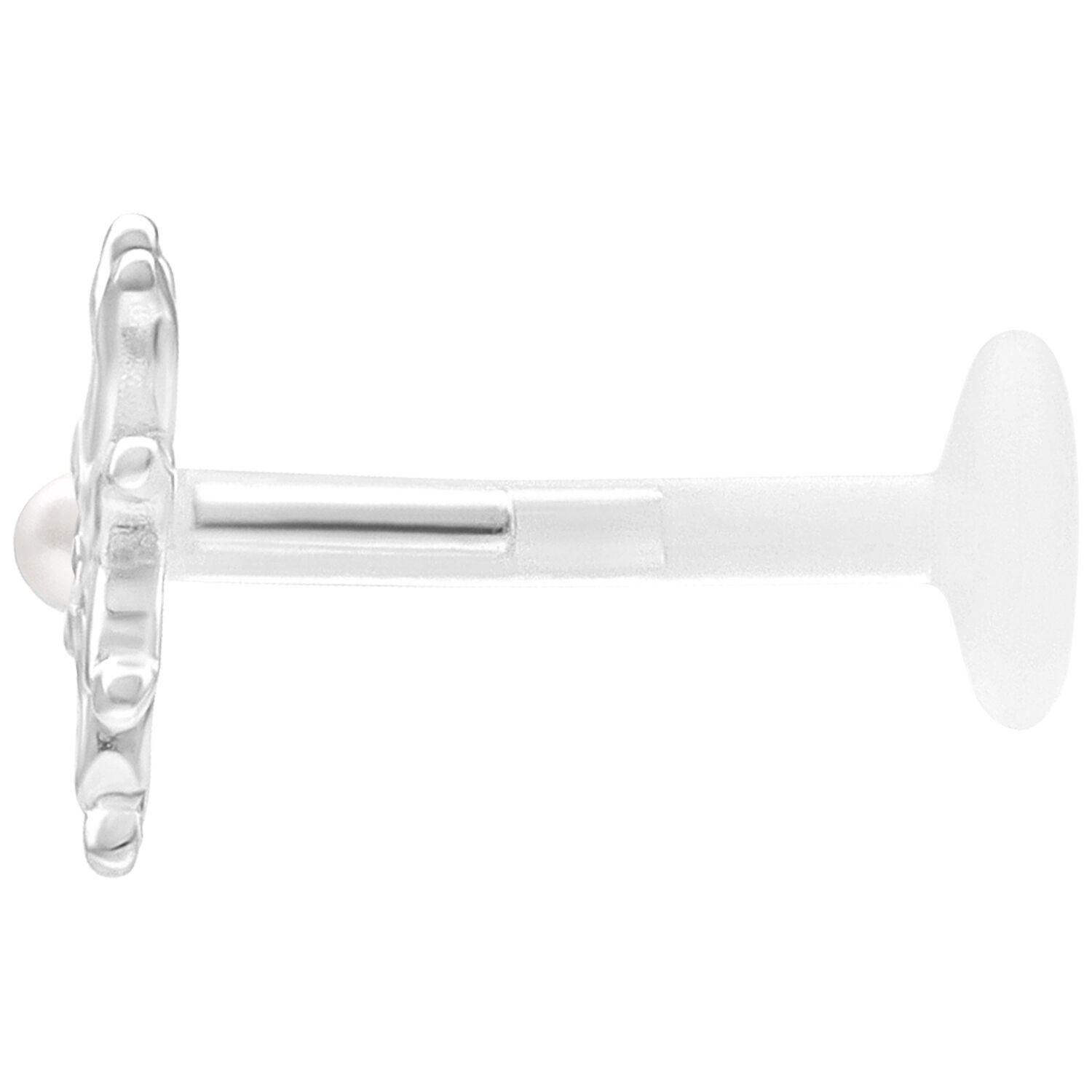 Labret piercing push fit Bloom argenté Piercing labret argenté avec embout floral sur fond blanc