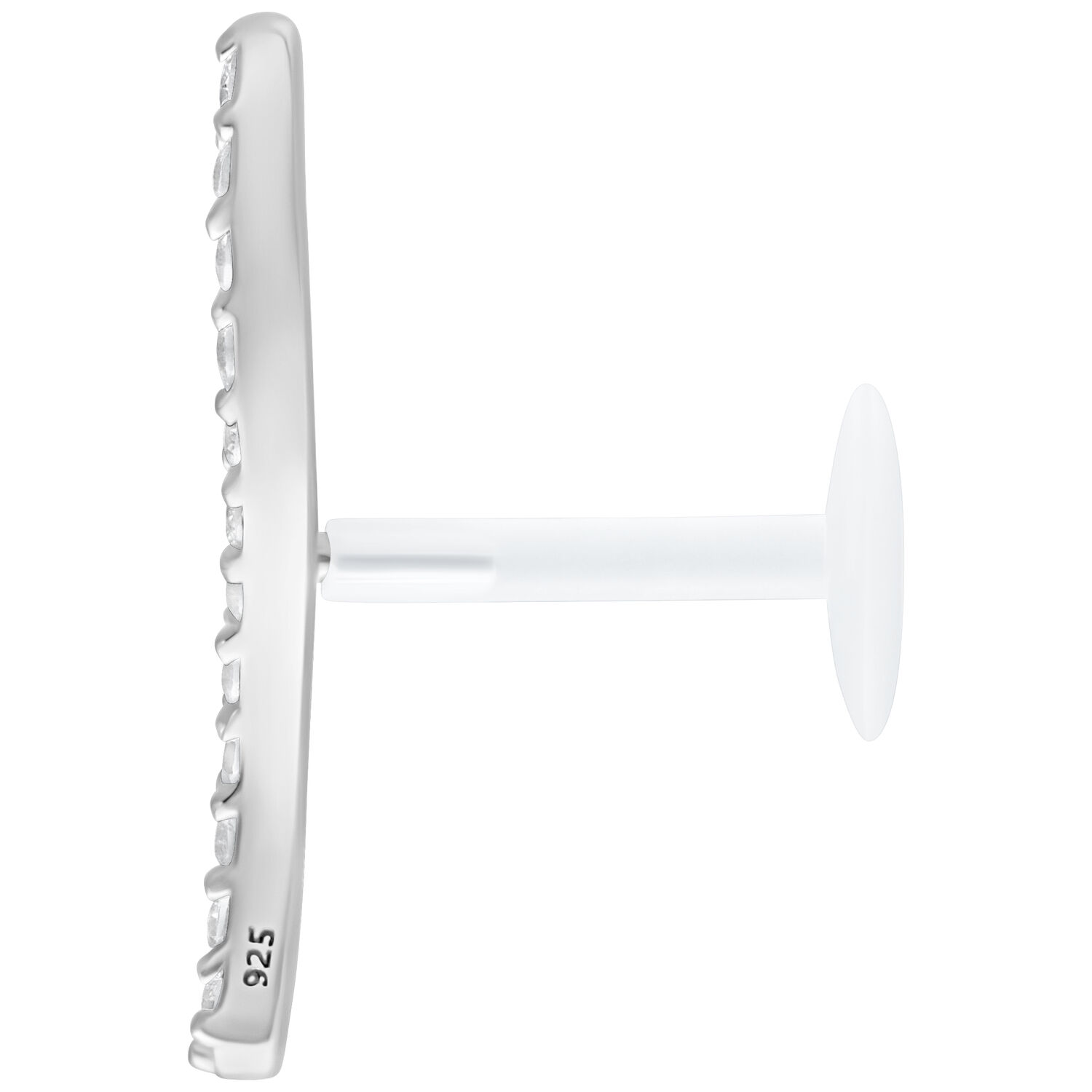 Labret en argent avec rangée de cristaux, Push Fit, sur fond blanc