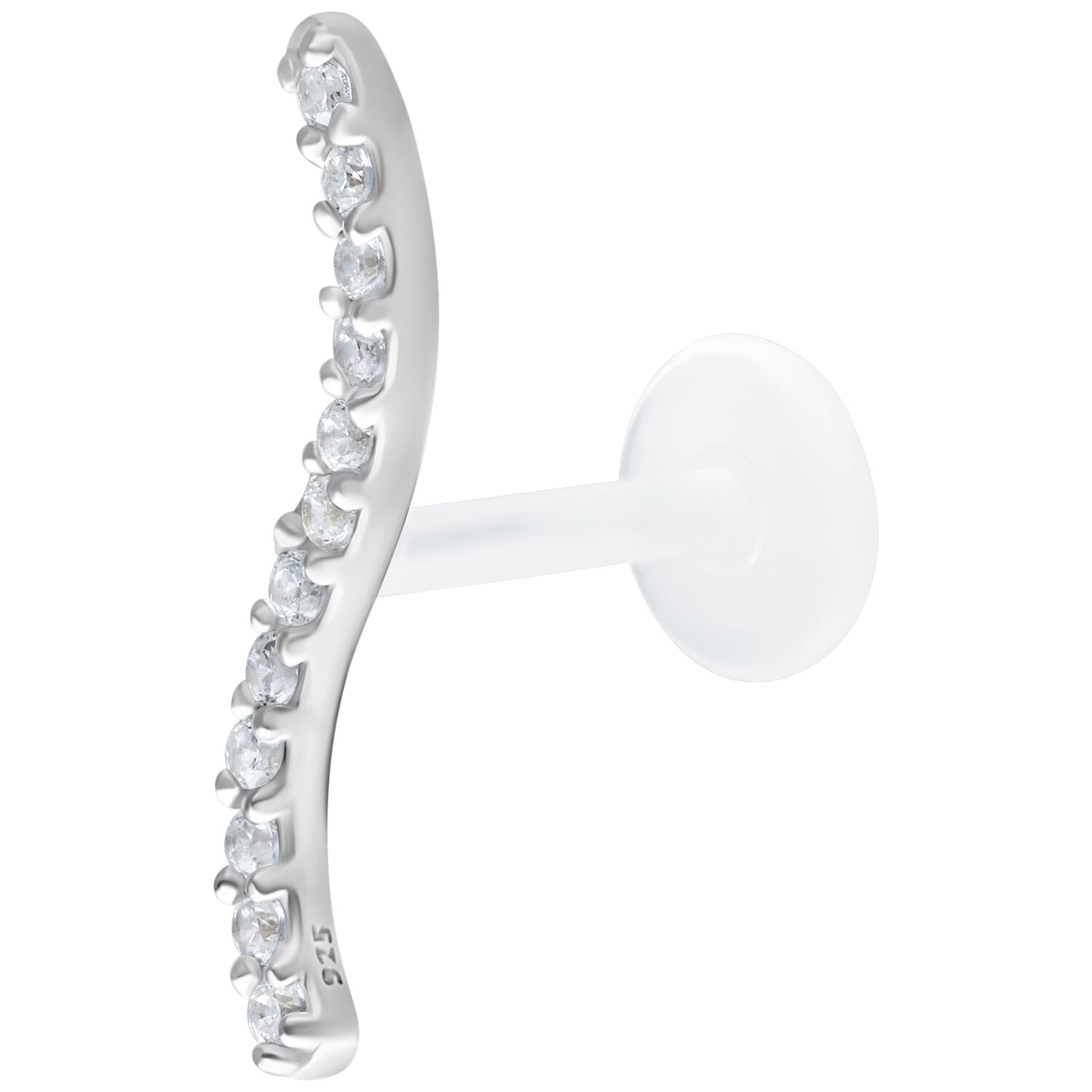 Labret argenté avec rangée de cristaux de 5,0 mm sur fond blanc