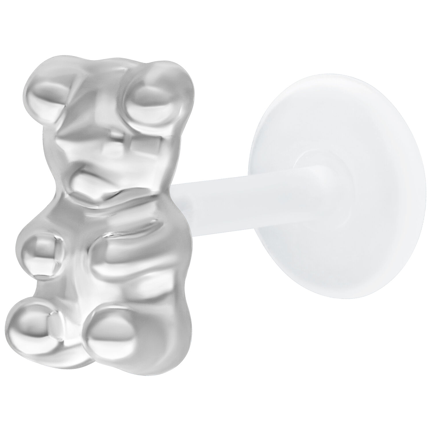 Labret Push Fit Gummi Bear argenté 11mm Labret Gummi Bear argenté avec Push Fit sur fond blanc
