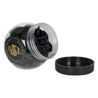 Manchons jetables noirs en verre Bocal ouvert avec des manchons jetables noirs et couvercle retiré