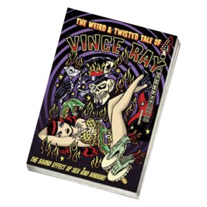 Couverture colorée avec squelette, femme et guitare sur fond violet