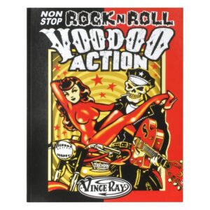 Poster coloré avec motif rockabilly, femme sur moto, squelette avec guitare