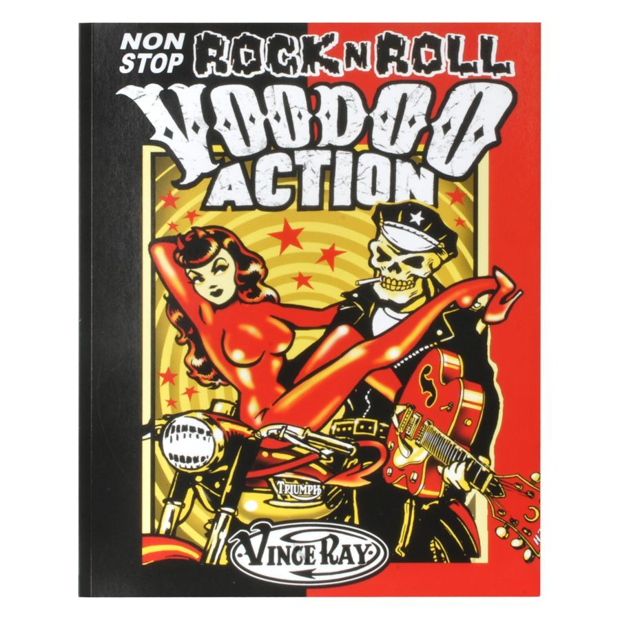 Poster coloré avec motif rockabilly, femme sur moto, squelette avec guitare