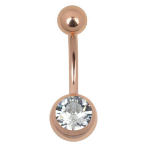 Piercing nombril en or rose avec pierre cristalline sur fond blanc