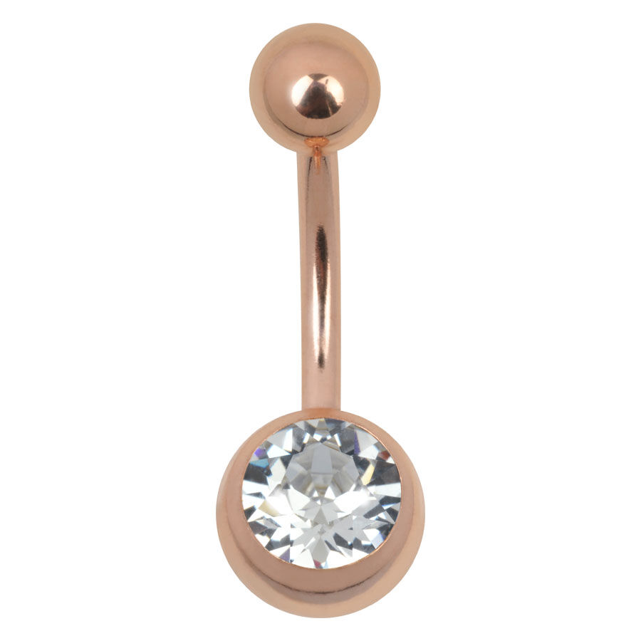 Clou d'oreille banane en or rose avec pierre cristalline, 8 mm Piercing nombril en or rose avec pierre cristalline sur fond blanc